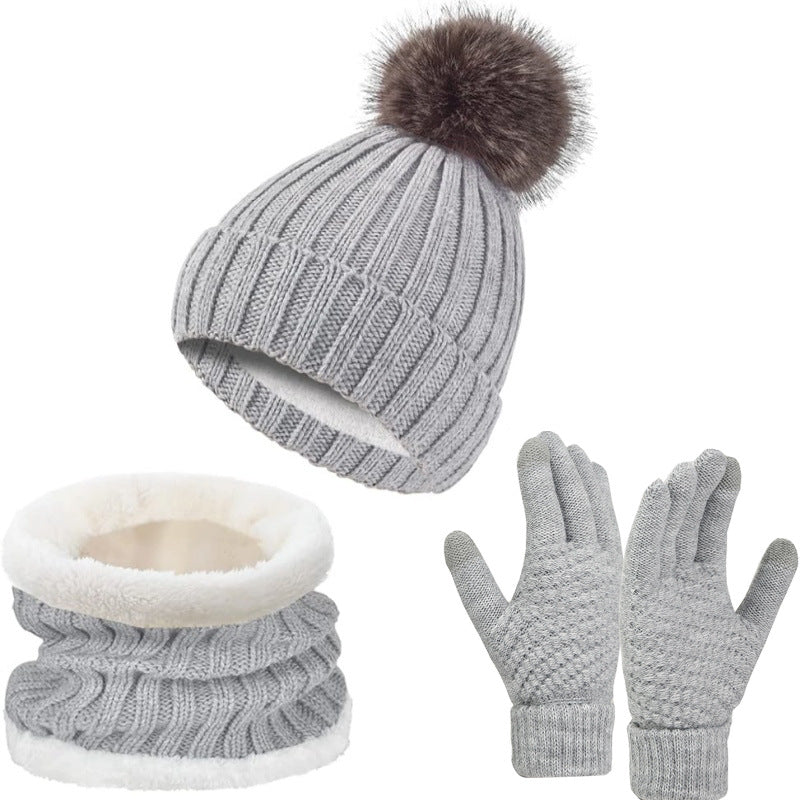 Wholesale Knitted Wool Warm Plus Velvet Thick Winter Scarf Gloves Hat Neck Three-piece Set